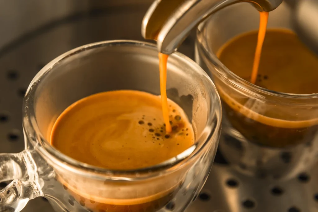 Close-up of espresso being poured from a machine into two transparent glass cups, showing rich crema on the surface.